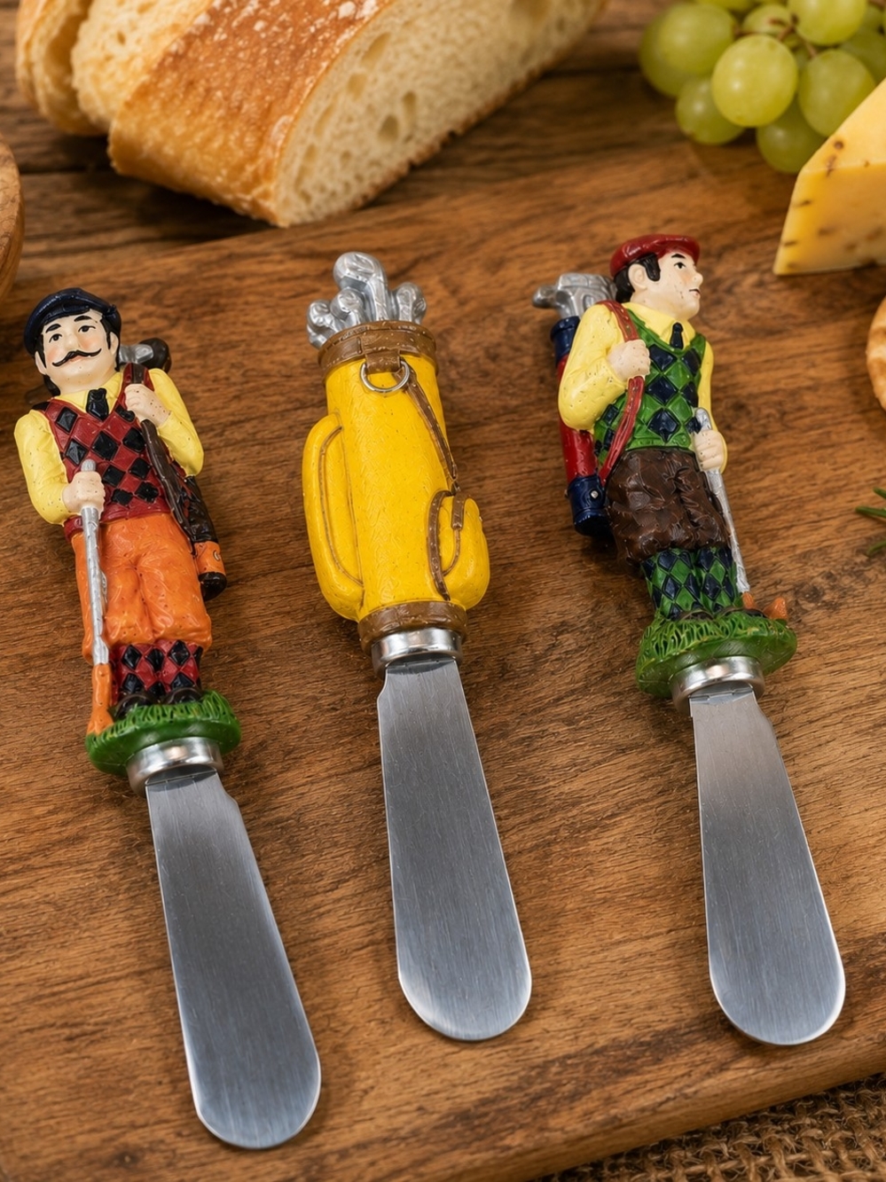 Boston Warehouse Lot of 3 Golf-Themed Cheese Spreader Knives Golfer Golf Bag